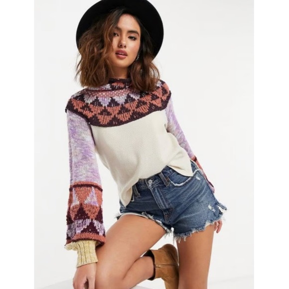 Free People Sweaters - Free People Swit The Small Stuff Sweater L Femme Nordic Mock Neck Fair Isle Cozy